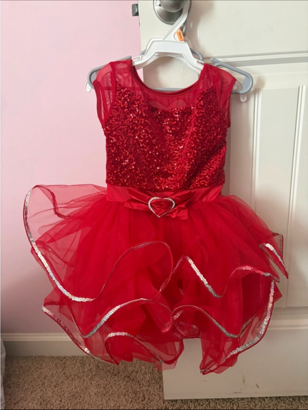 Weissman Red Sequin Tulle Dance Dress with Heart Belt